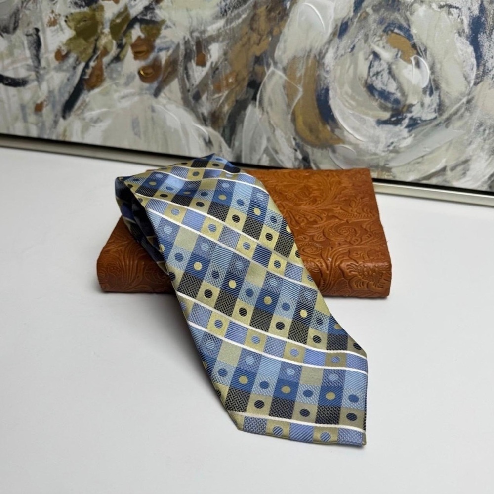 Bruno Piattelli 100% Silk Tie Blue Gold Black Geometric Diamond Polka Dot Italy
